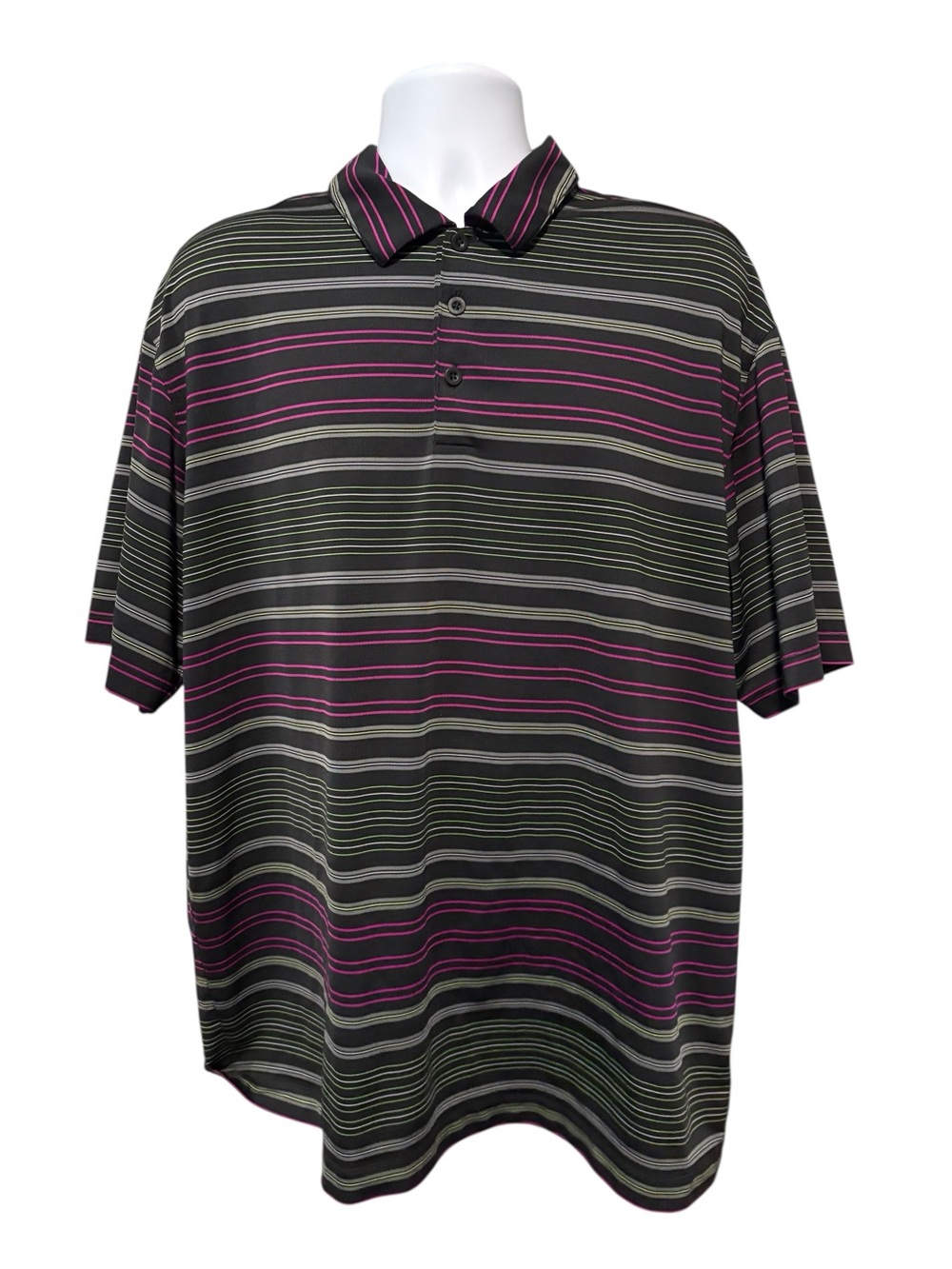 Nike DriFit Men’s Short Sleeve Golf Polo Black Neon Pink and Green Stripes XL